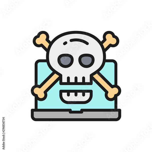 Fototapeta Computer with skull and crossbones symbol, virus, cybercrime color line icon.