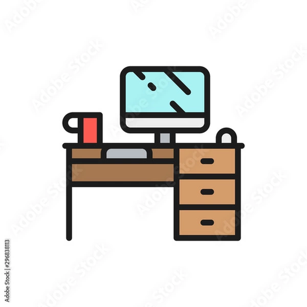 Fototapeta Computer desk, workplace flat color line icon.