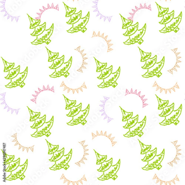 Fototapeta Fir tree endless pattern. Green Christmas tree, red violet flag on white art design elements stock vector illustration for web, for print, for wallpaper, for wrapping paper