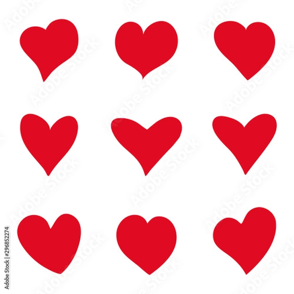 Fototapeta Heart sketch icons set. Cartoon doodle red shape of heart. Collection of flat hearts for greeting paper, Valentine's day card, poster, wedding. Symbol of love. Creative art hand drawn style. vector