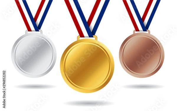 Fototapeta Medale złote, srebrne, brązowe. 3d medal za 1, 2, 3 miejsce. Puste insygnia medalu z czerwoną, białą, niebieską wstążką za zwycięstwo zwycięzcy. Nagroda mistrza. Projekt medal honorowy na białym tle. wektor