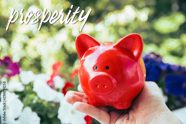 Obraz Red pig money box on male hand on on the background of flowers and the inscription "prosperity"