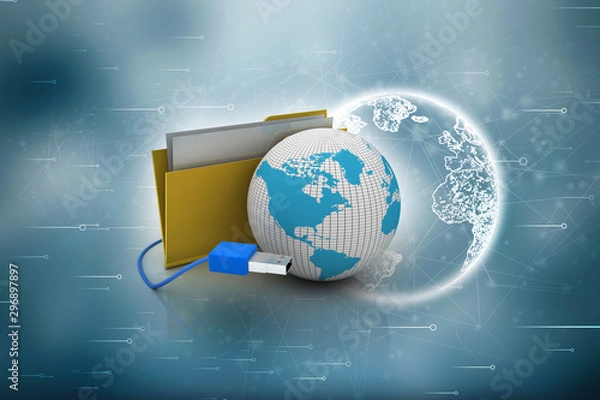 Obraz 3d rendering USB icon connected folder with globe