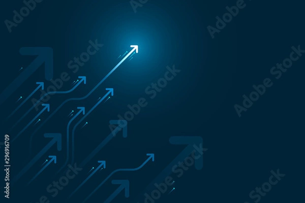 Fototapeta Light arrow circuit on blue background illustration, copy space composition, business growth concept.