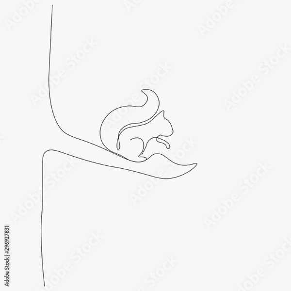 Fototapeta Forest background landscape, animal squirrel sitting on tree, vector illustration