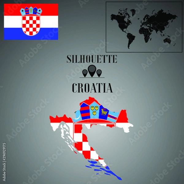 Fototapeta Croatia outline world map, contour silhouette with national flag inside vector illustration creative design, isolated on background, objects, element, symbol from countries set