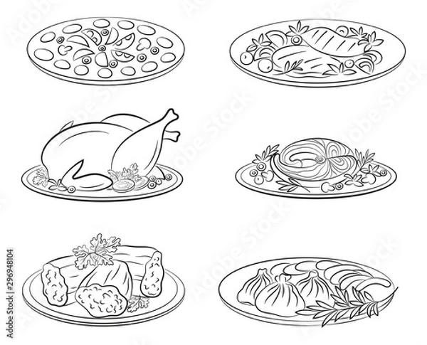 Fototapeta Set of Food Pictograms, Pizza, Steak, Baked Chicken, Fish and More. Black Contours Isolated on White Background. Vector