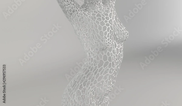 Fototapeta Abstract voronoi based human figure concept - 3D illustration of a human body constructing from polygon voronoi and lines. Women posing in different ways.3d render.