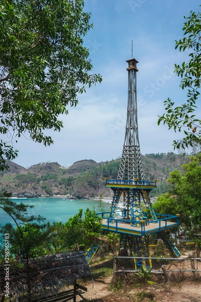 Fototapeta Miniature Tower on the hill at Watu Bale Beach, Kebumen, Central Java, Indonesia