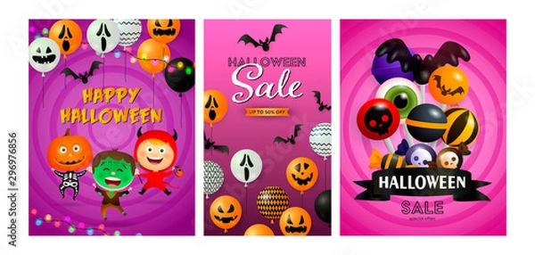 Fototapeta Halloween sale pink banner set with Frankenstein, devil, pumpkin