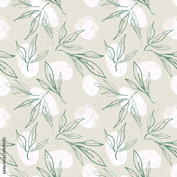 Fototapeta Hand Sketched Leaves Seamless Pattern with Chalk Texture. Floral Vector Background. 