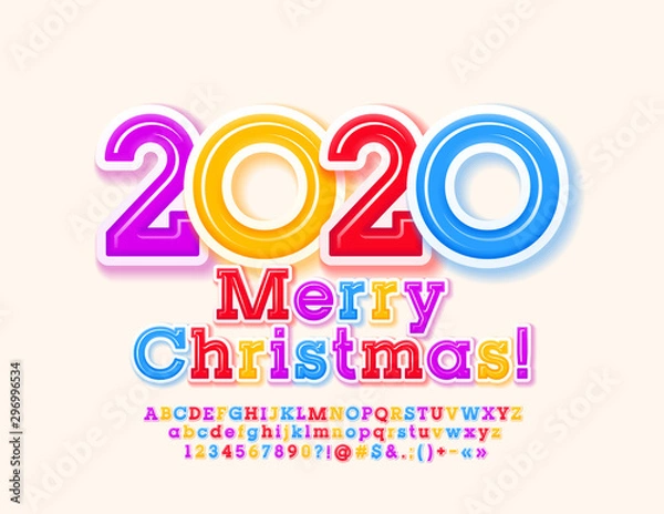 Fototapeta Vector colorful greeting card Merry Christmas 2020. Bright Modern Font.  Creative Alphabet Letters, Numbers and Symbols
