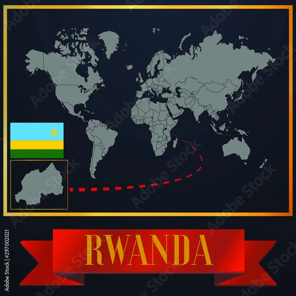 Obraz Rwanda solid country outline silhouette, realistic globe world map template, atlas for infographic, vector illustration, isolated object, background, national flag. countries set 