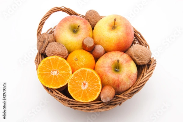 Obraz Korb mit Mandarinen, Äpfeln und Nüssen