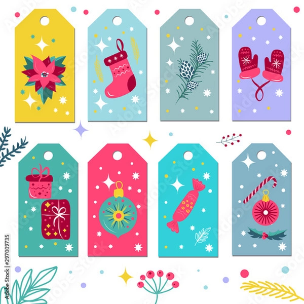 Obraz Christmas labels with branch and leaf patterns and patterns