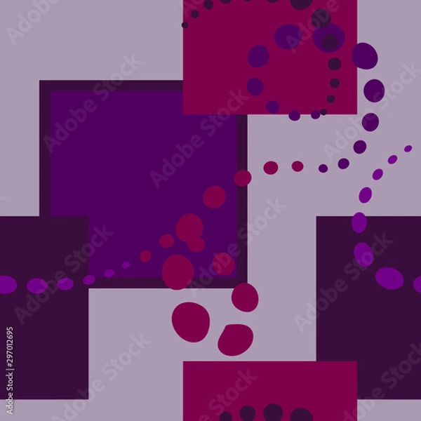 Obraz Abstract geometric seamless pattern - raspberry, violet, lilac and cherry on a gray background. Squares and circles: wallpaper and poster, greeting card, print on paper and fabric.