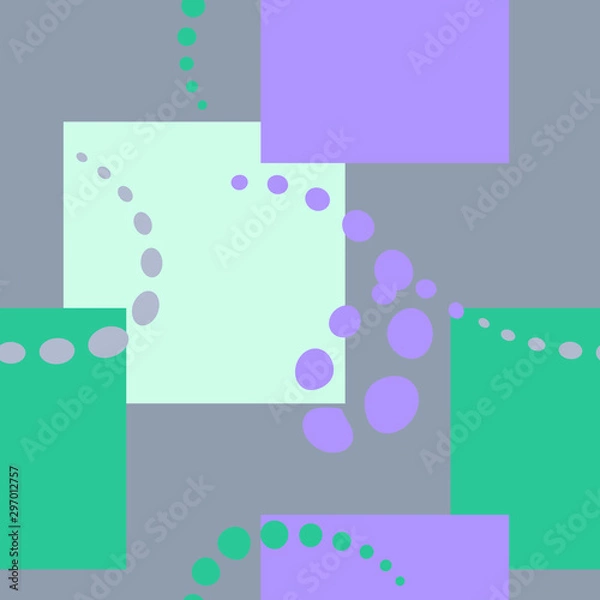Obraz Abstract geometric seamless pattern - lime, lilac and mint green on a gray background. Squares and circles: wallpaper and poster, greeting card, print on paper and fabric.