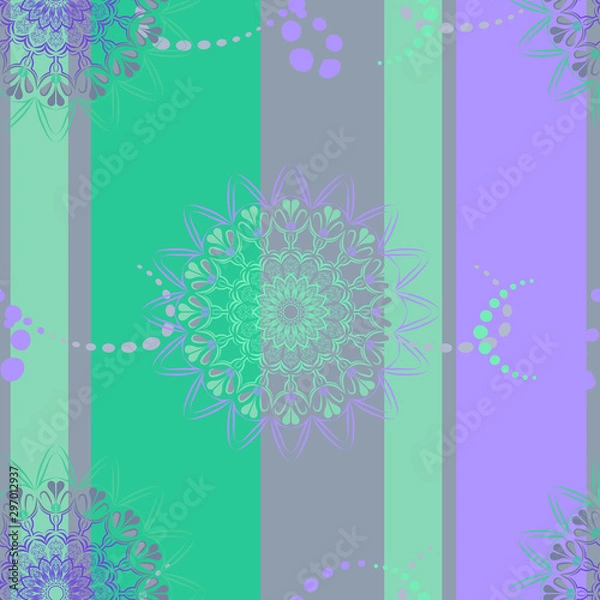 Obraz Abstract geometric seamless pattern on a background of light green, lilac and mint green vertical stripes. Small circles and beautiful round lace mandalas: wallpaper and poster, greeting card, print 
