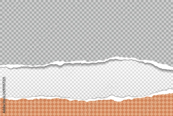Fototapeta Torn, ripped piece of horizontal grey and orange paper with soft shadow are on white squared background. Vector illustration