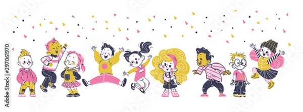 Fototapeta Group of happy little boys and girls with confetti jumping, celebrating isolated on white background. Children on the move. Kids zone, room, birthday party concept. Vector illustration.