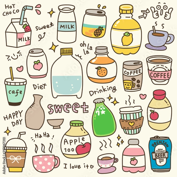 Fototapeta Set of Cute Beverages Doodle. Hand Drawn. Vector Illustration.
