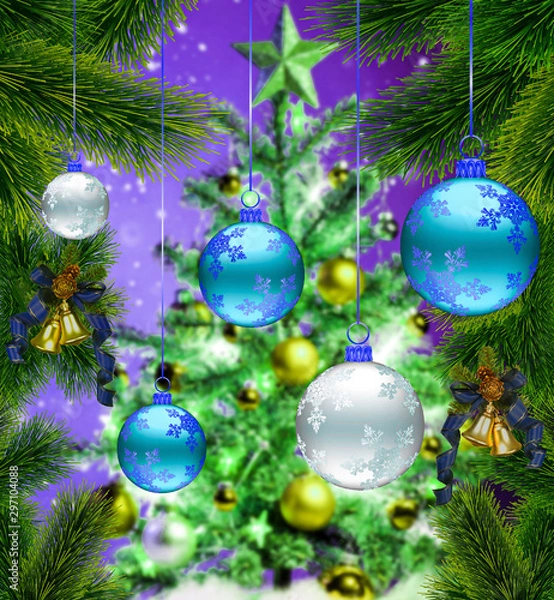 Fototapeta Christmas background with Christmas tree branches and Christmas decorations. Merry christmas card, banner. Theme of winter holidays. Happy New Year.