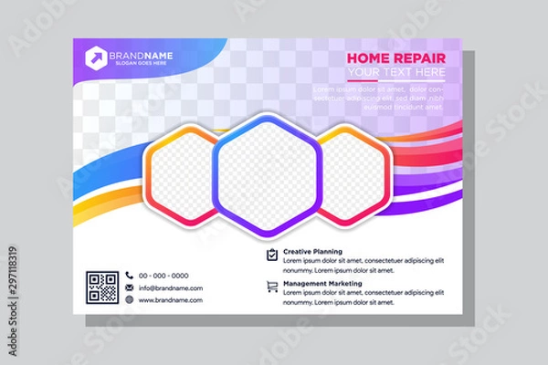 Fototapeta Horizontal vector background template for page covers, flyers, leaflets or advertising billboards liquid wave shape. gradient blue and pink colors. hexagon layout space for photo collage. 