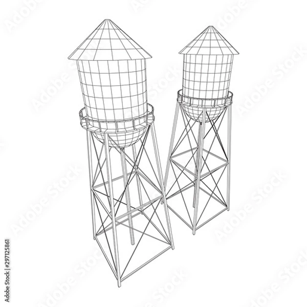 Fototapeta Water tower. Industrial construction with water tank. Wireframe low poly mesh vector illustration.
