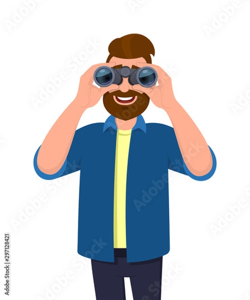 Obraz Happy bearded man in casual wear looking through binoculars. Person holding a binocular in hands. Male character design illustration. Modern lifestyle, technology, vision concept in vector cartoon.