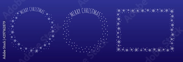 Fototapeta Set of three Christmas decorative borders made of snowflakes and snow dots. Greeting text “Merry Christmas” written in thin block letters. Two round, one rectangular frame. White on blue background.