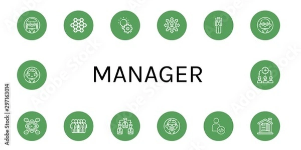 Fototapeta Set of manager icons such as Woman, Structure, Development, Team, Tuxedo, Man, Users, Manage, Developer, Contract, Time management , manager