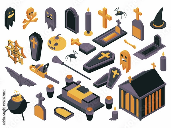 Fototapeta Halloween symbols isometric vector illustrations set. Haunted cemetery design elements, autumn holiday 3d icons pack. Various tombstones, coffins, witch items, crypt, jack lantern and chainsaw