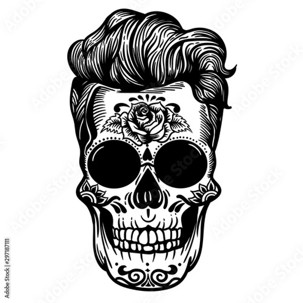 Fototapeta Vector hand drawn illustration of Day Of The Dead Skull. Hipster Skull sugar flower. Skull tattoo isolated on white.