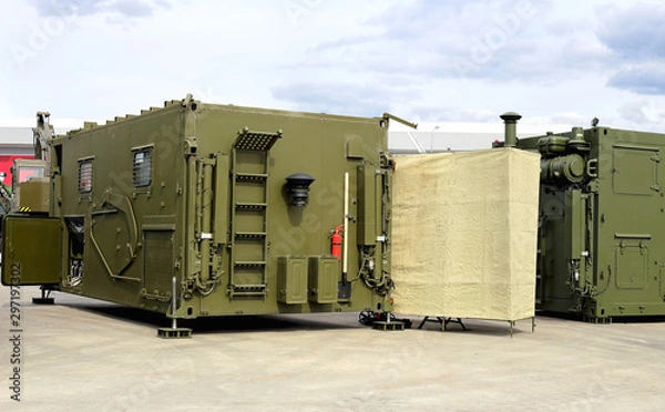 Fototapeta Army mobile container block with engineering equipment
