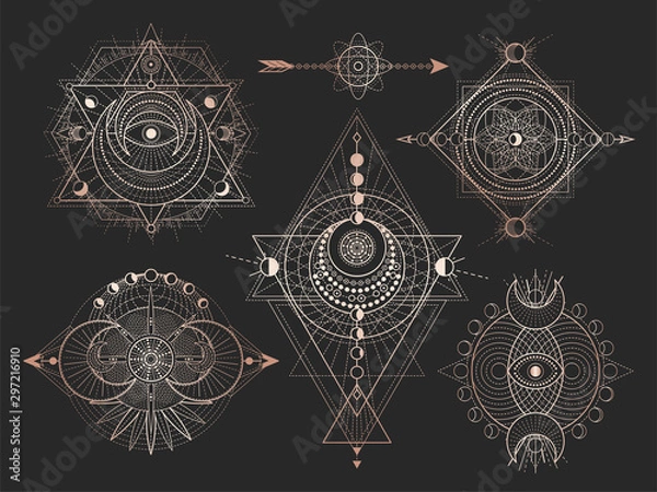 Fototapeta Vector set of Sacred geometric symbols and figures on black background. Abstract mystic signs collection.