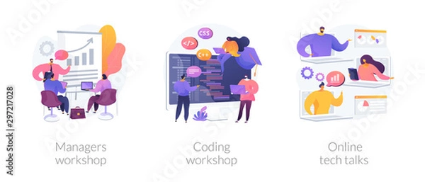 Obraz Business management coaching, programming courses, technical support icons set. Managers workshop, coding workshop, online tech talks metaphors. Vector isolated concept metaphor illustrations