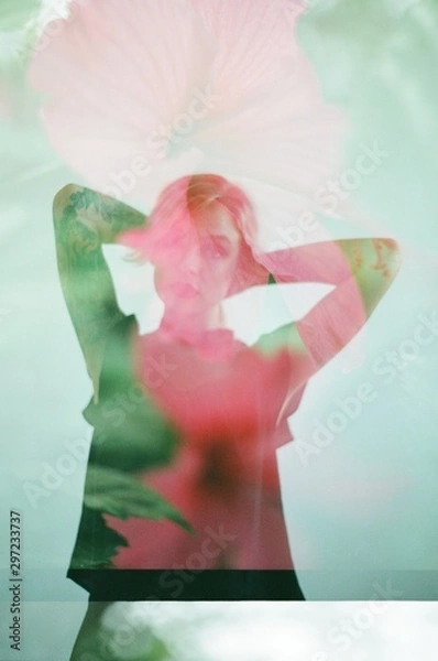 Obraz portrait of woman double exposed with flowers