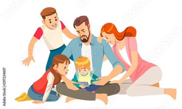 Fototapeta Cheerful young family with kids laughing watching funny video on smartphone sitting together, parents with children enjoying playing games or entertaining using mobile apps on phone at home