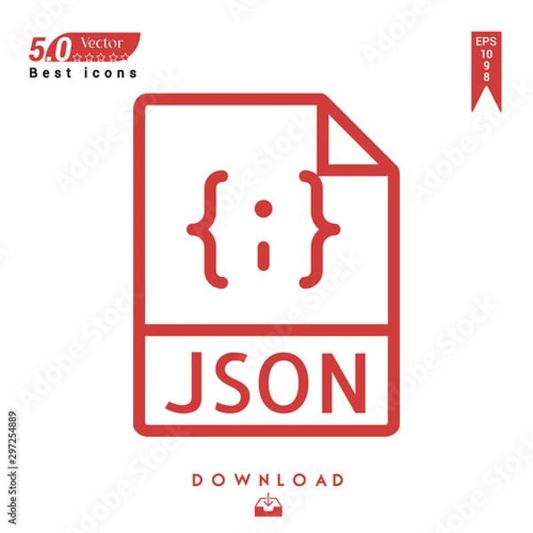 Fototapeta Outline json file-type icon vector isolated on white background. Graphic design, material design, 2019 year best selling icons, mobile application, UI / UX design, EPS 10 format vector