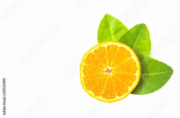 Obraz Orange fruit slices and leaf isolated on white background.