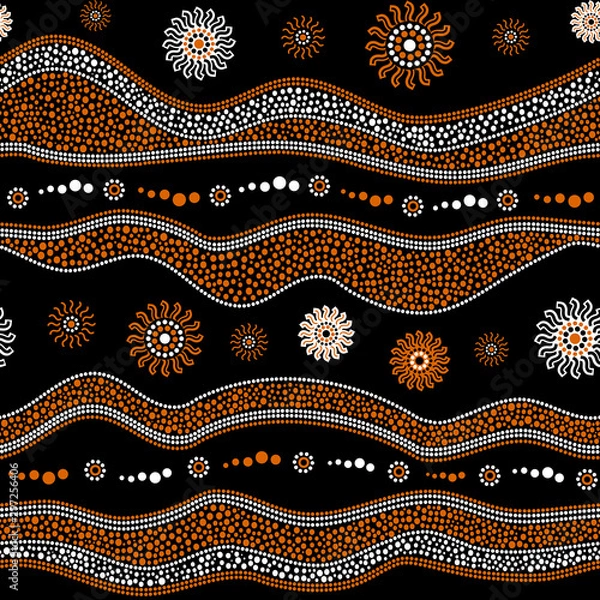 Obraz Australian aboriginal art seamless vector pattern with dotted circles, rings, suns and crooked stripes