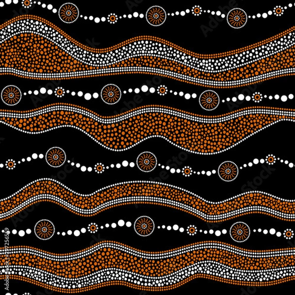 Obraz Australian aboriginal seamless vector pattern with dotted circles, rings, suns and crooked stripes