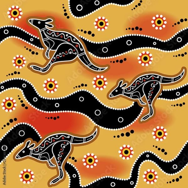 Obraz Australian aboriginal art seamless vector pattern with dotted circles, kangaroo, crooked stripes and other typical ethnic elements