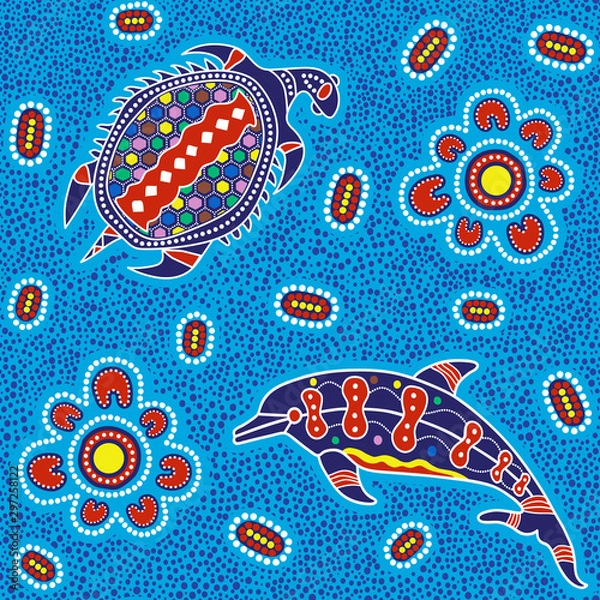 Obraz Australian aboriginal art seamless vector pattern with dolphin, turtle and other dotted typical elements