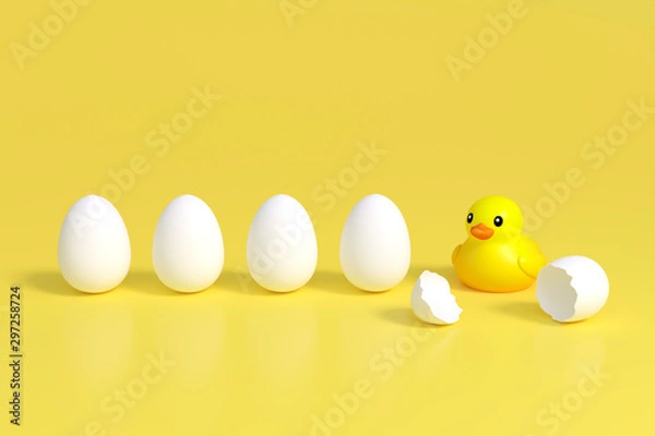 Fototapeta Yellow little duck doll, yellow rubber duck doll, duck bath toy, baby toy on yellow background 3d rendering. Duckling toy hatch from eggs 3d illustration minimal style concept.