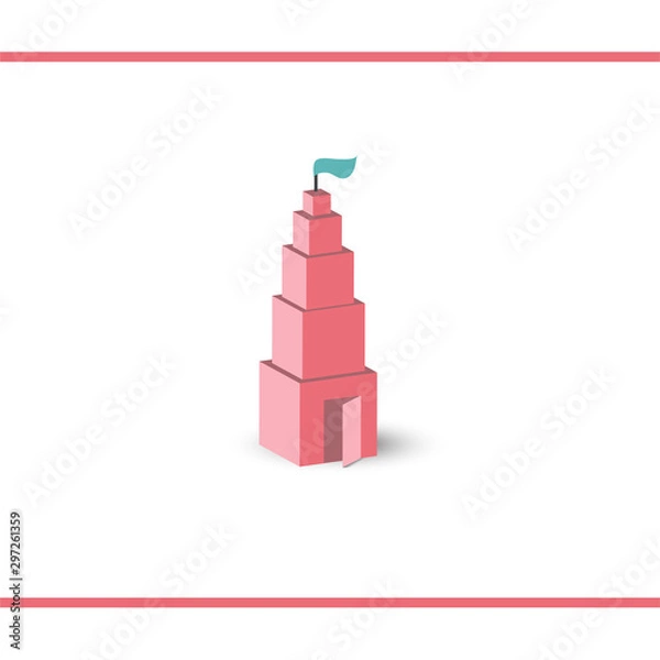 Fototapeta Illustration of Montessori pink tower like a castle with a flag and open door. Vector logo design template.