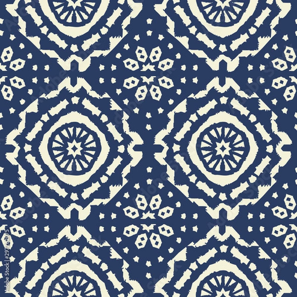Fototapeta Abstract indigo shibori seamless vector pattern with ikat print of mosaic