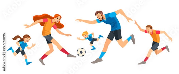 Fototapeta Happy family Playing Soccer together. Concept Parenthood child-rearing. Cartoon isolated vector illustration.