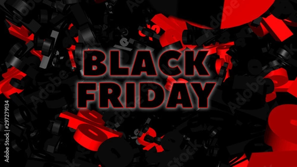 Fototapeta Black Friday sale banner. Lot of percent signs and words at the middle. 3d rendering, CGI background.