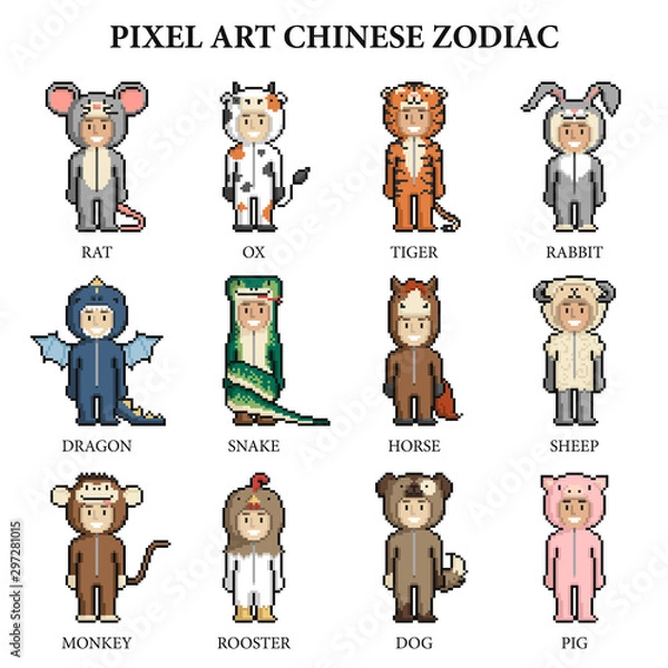 Obraz Chinese zodiac set. Cute cartoon kids in animal costumes in pixel art style on white background. 